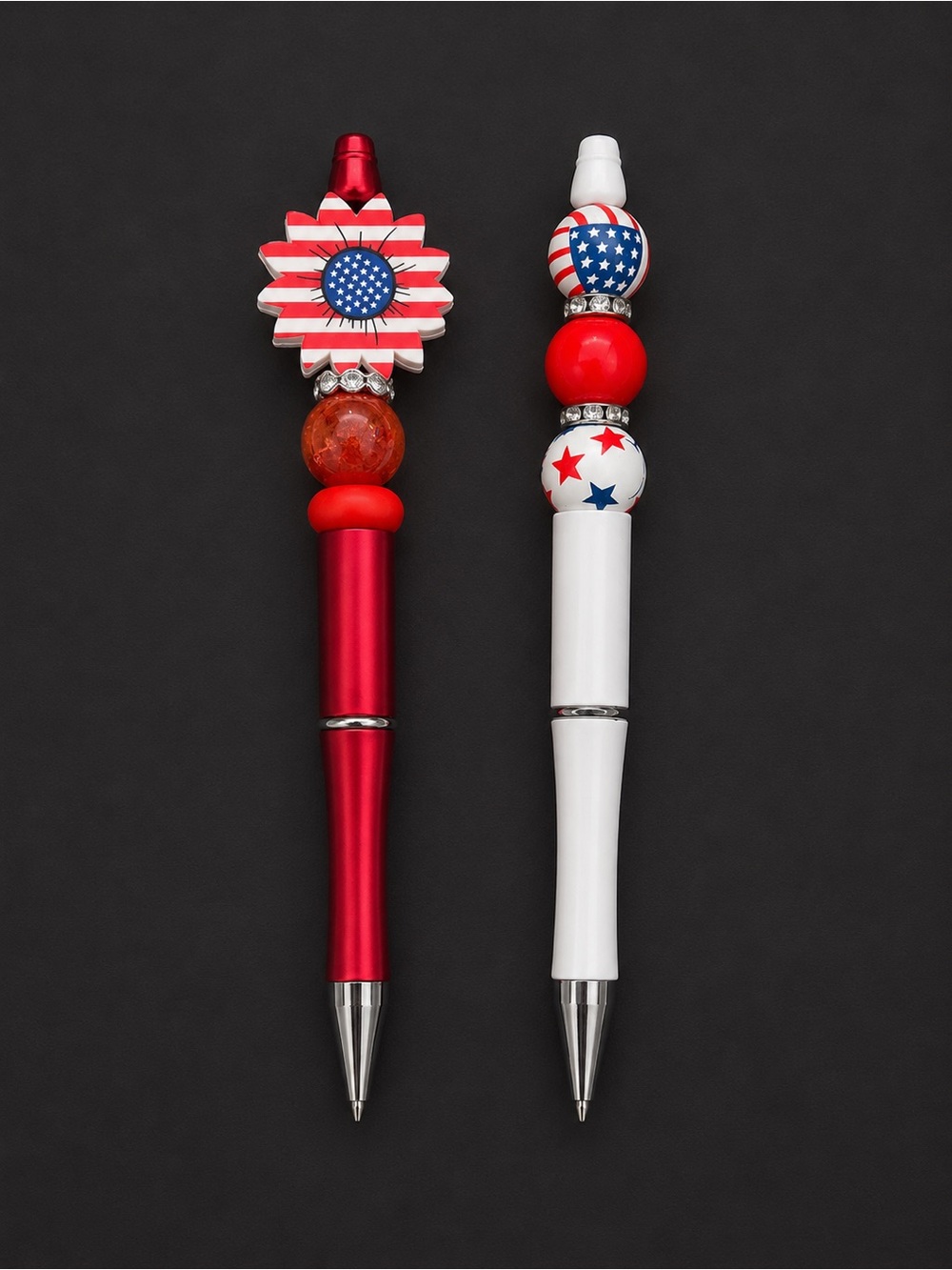 Two handmade red, white & blue beaded theme pens & Patriotic Elephant Keychain - Picture 2 of 2